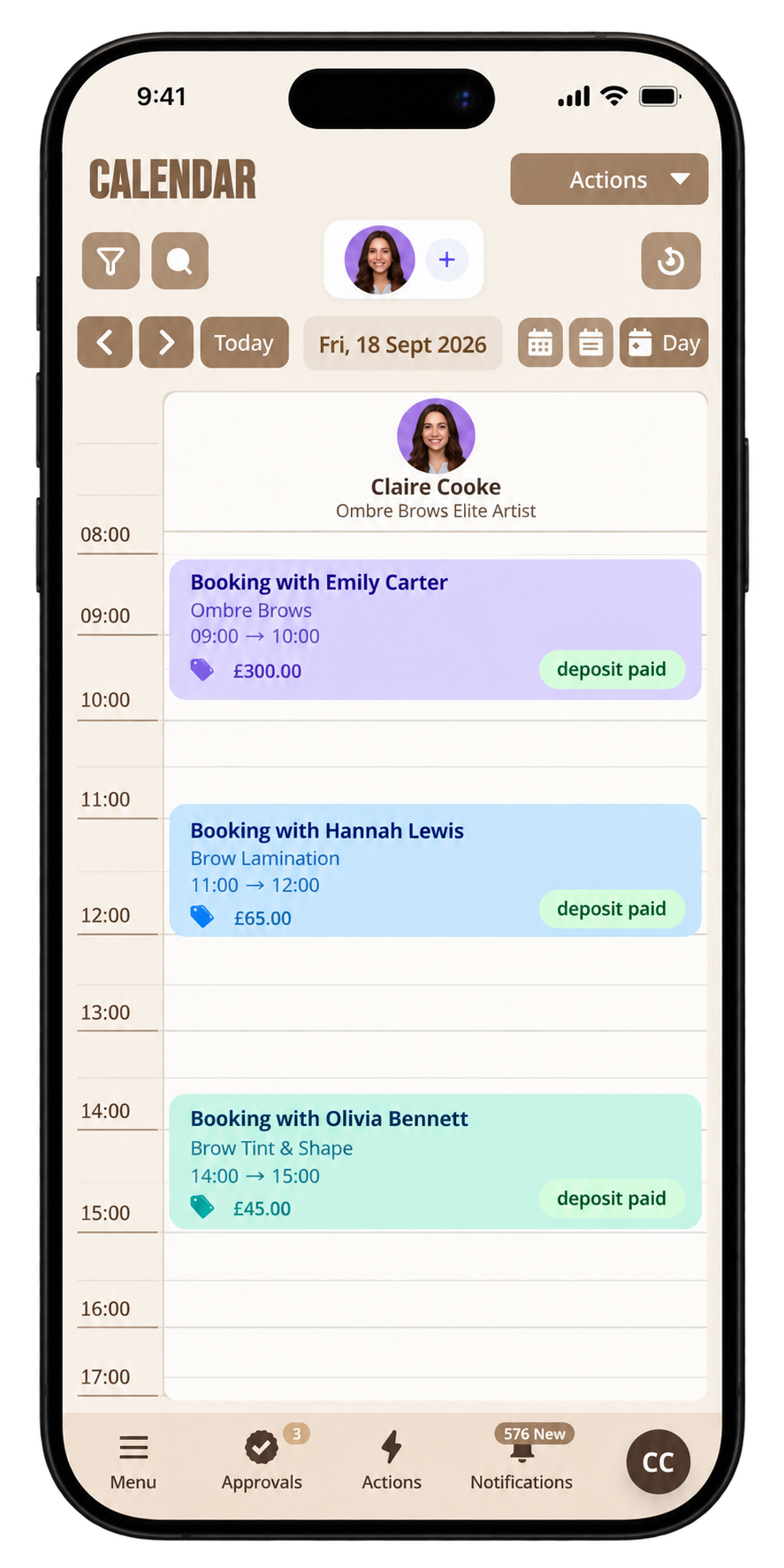 pencilIN diary showing an individual professional’s daily appointments