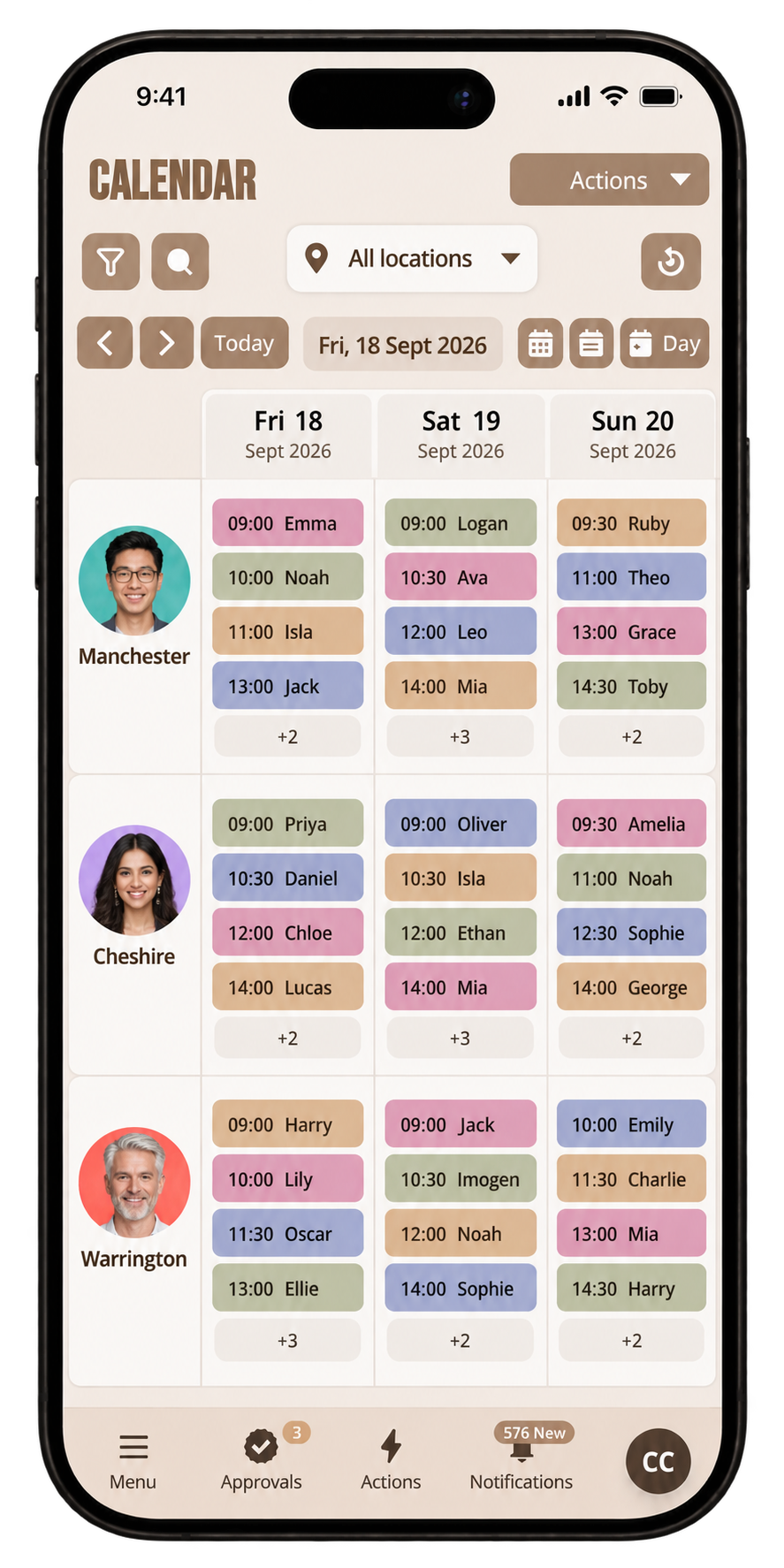 pencilIN diary overview showing bookings across multiple business locations