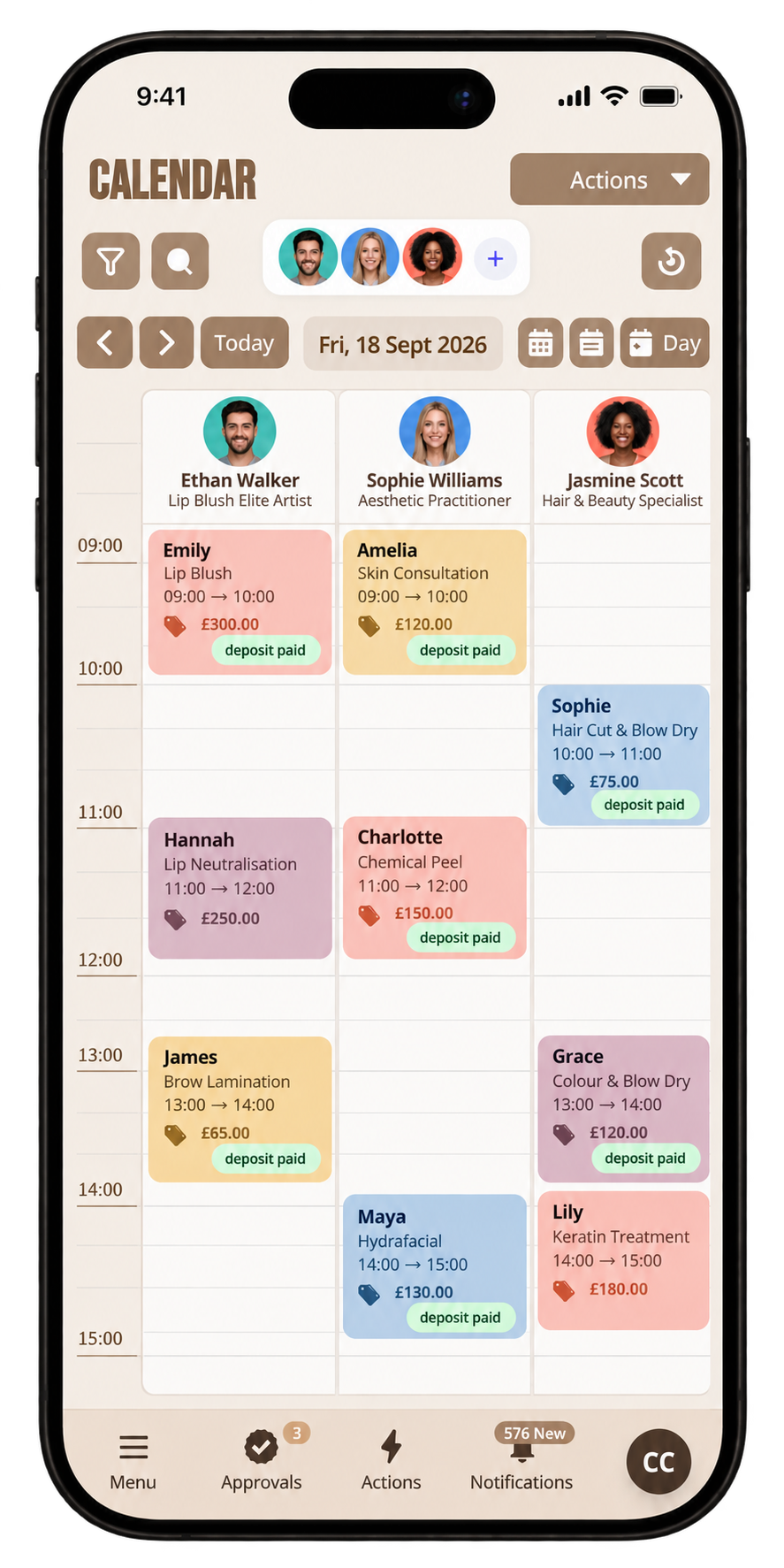 pencilIN diary showing three team schedules at one location