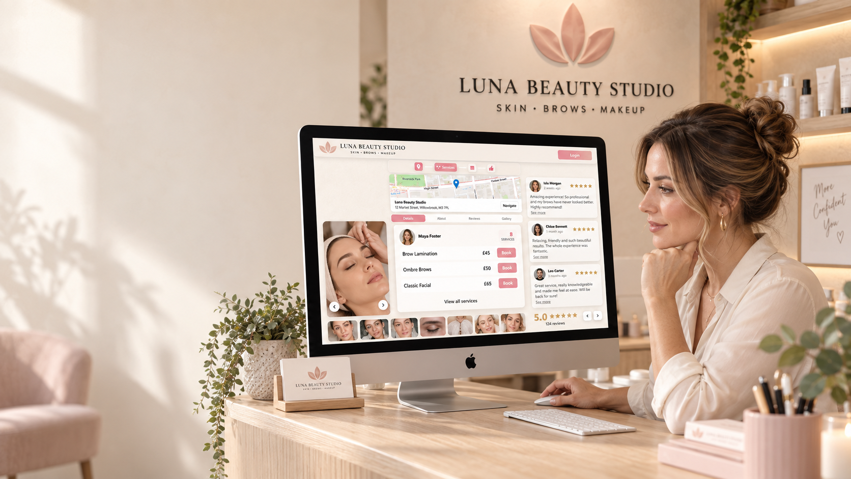 A beauty studio owner at a desk, with a branded online booking page on the computer.