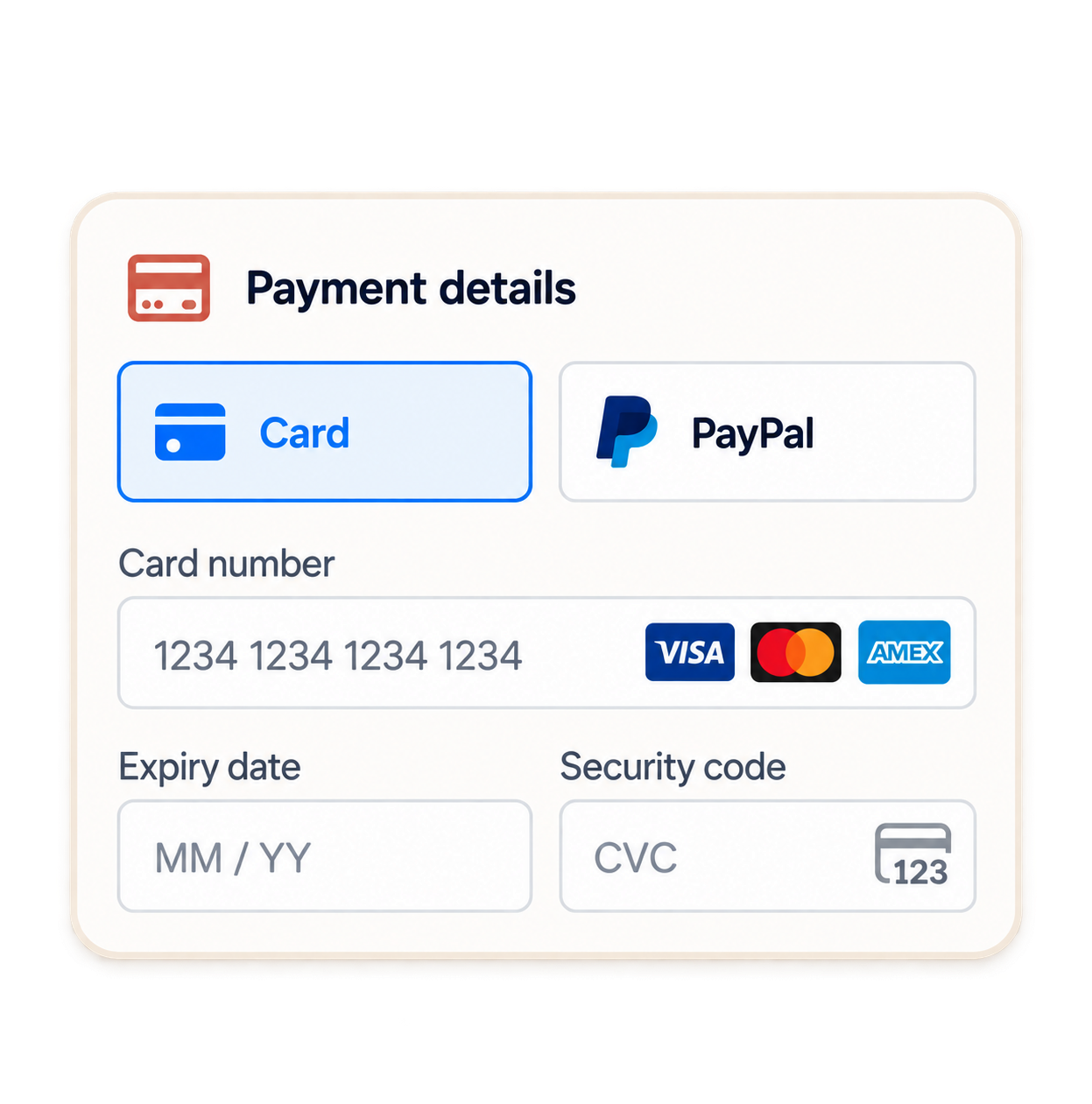 Card and PayPal payment details