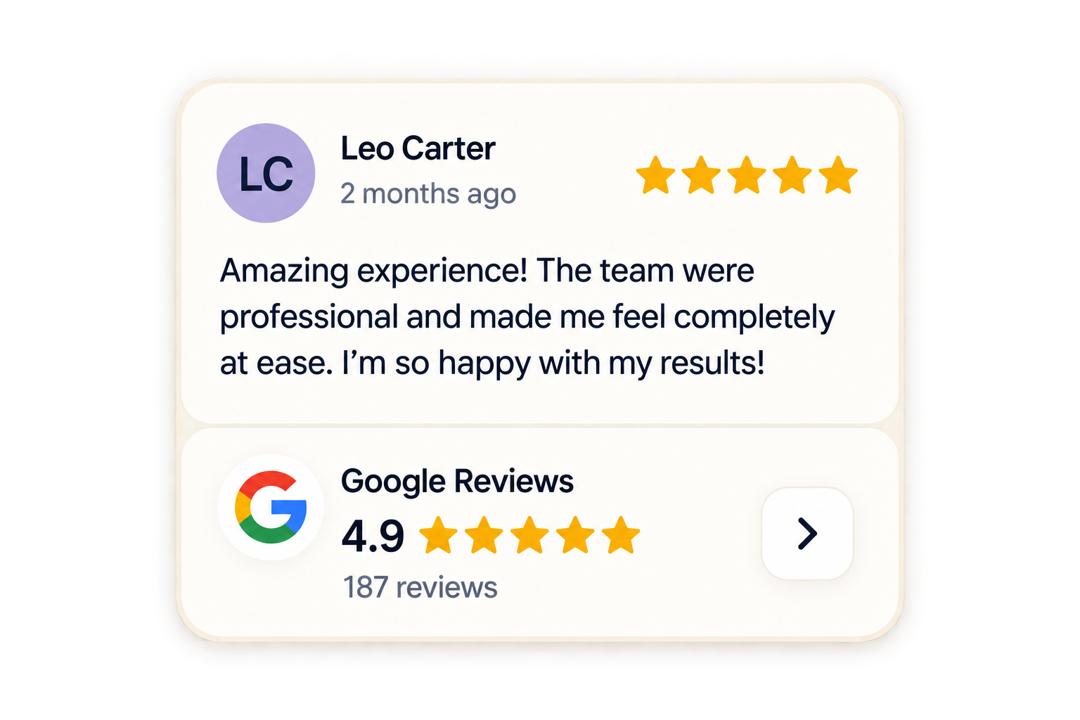 Client review stacked above a Google Reviews summary