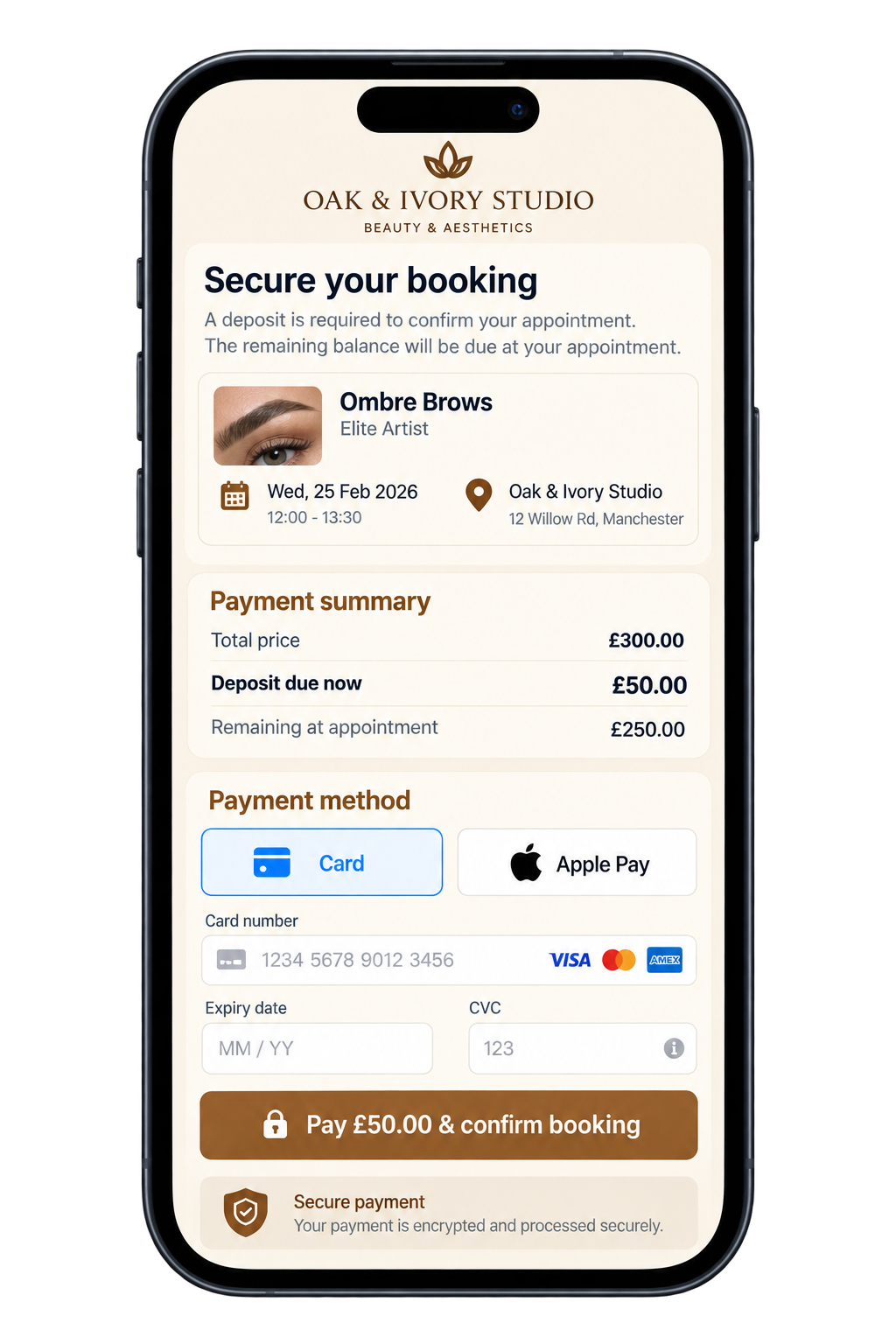 Client deposit checkout on a phone, with card and Apple Pay