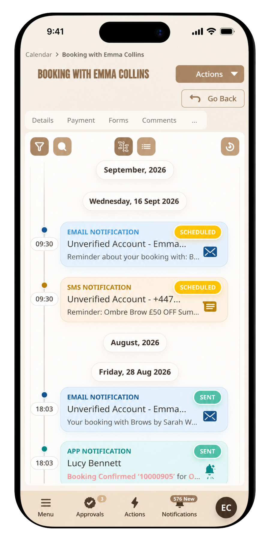 pencilIN booking communications on phone